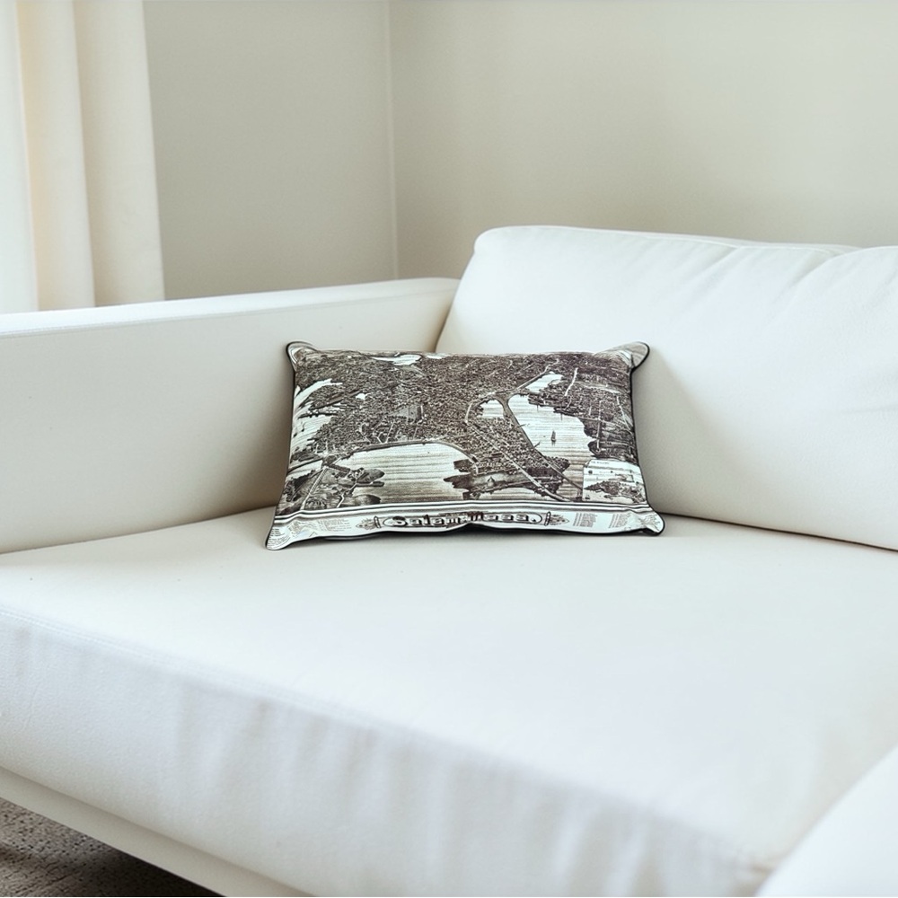 Vintage Salem,MA Map-Print Decorative Pillow in Cream and Brown